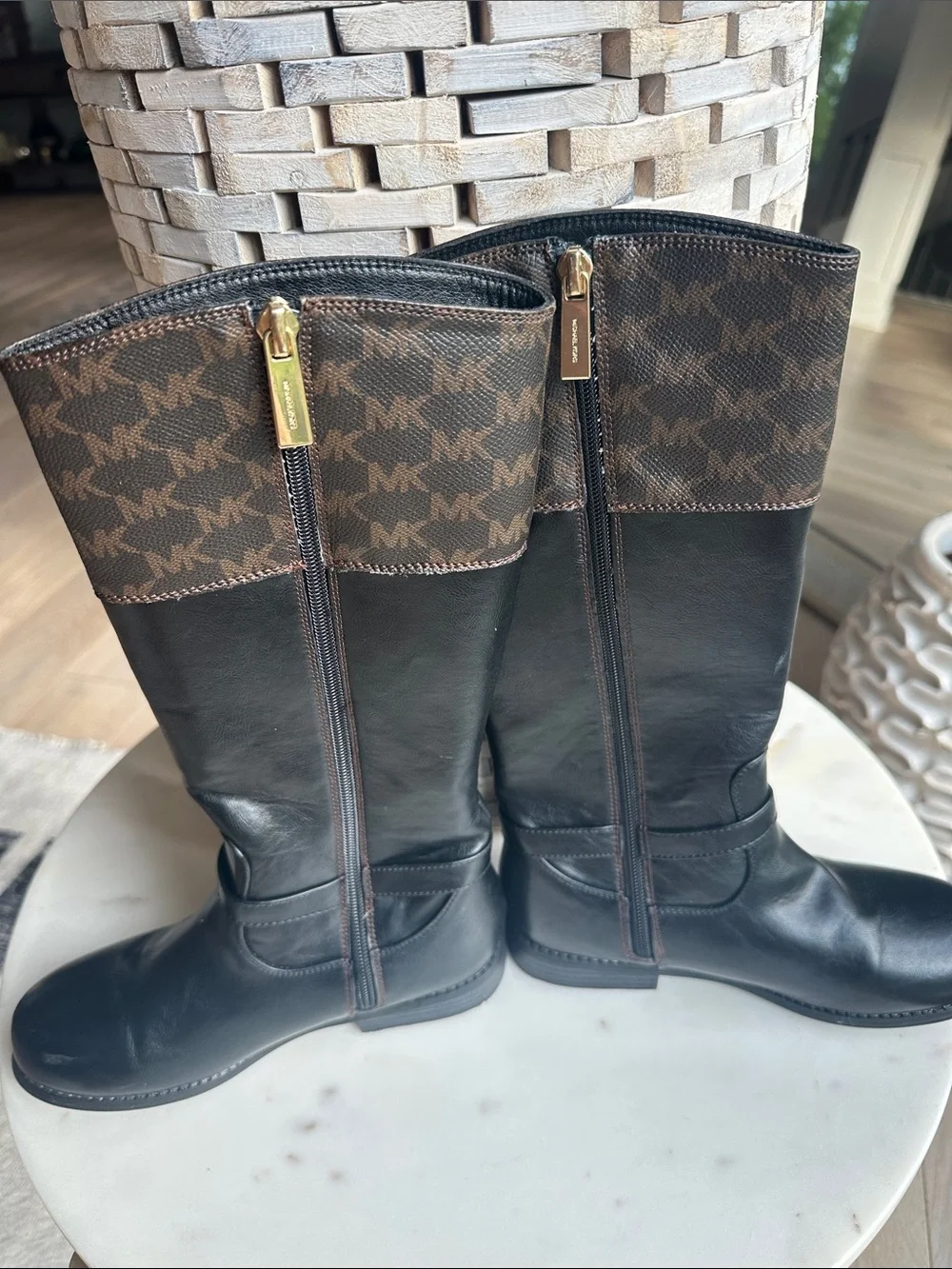 Michael Kors Black Leather Boots with Brown MK Logo Cuff